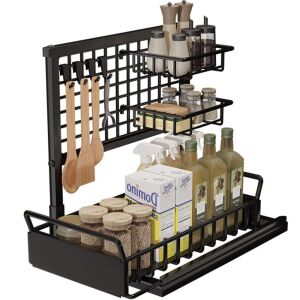 Quasar & Co. black metal under sink organizer with sliding basket and utensil hooks - Shelve