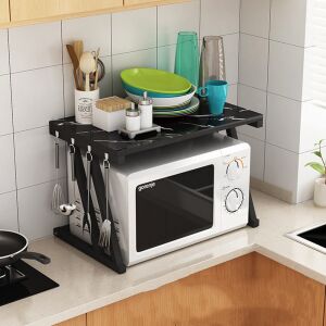 Quasar & Co. Marble Black Microwave Shelf with Microwave and Kitchenware - Shelve