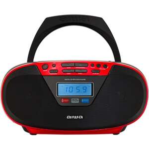 Aiwa BBTU-400RD portable CD radio with Bluetooth, USB input, clock and alarm clock, red and black, front view - Audio