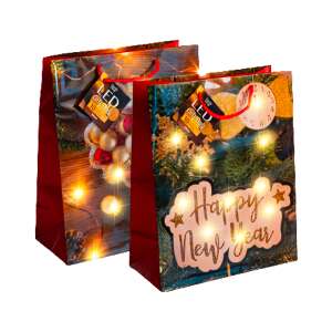 Set of 2 LED gift bags with Christmas and New Year's Eve designs, 10 warm white LEDs, paper, 265 x 127 x 330 mm - Art & Craft