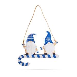 Ornament de Crăciun din lemn albastru și alb, agățat de un șnur, stând pe o trestie de zahăr - Nonbrand Decorațiuni de Crăciun