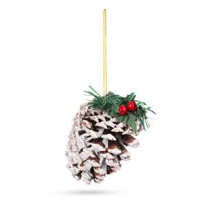 Ornament de Crăciun din con de pin alb cu boabe roșii și frunze verzi, 12 cm - Decorațiuni de Crăciun