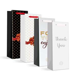 Set of 4 gift bags for wine or bottles, black, white, grey and white with dots, with red ribbon and bow, with text "For you enjoy" and "Thank you" - Art & Craft