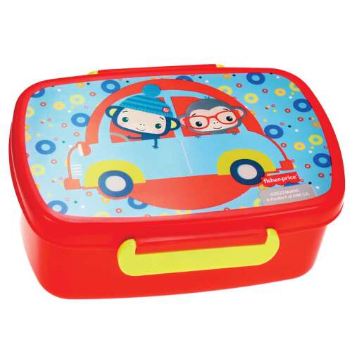 Fisher-Price Majom szendvicsdoboz, piros szendvicsdoboz kék autóval és két majommal a tetején, tökéletes gyerekek ebédjéhez - Fisher Price
