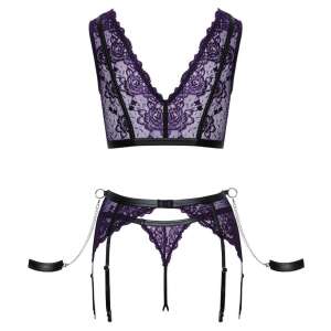 Cottelli Bondage Lingerie Set with Handcuffs in Black and Purple - Front View - Erotic lingerie