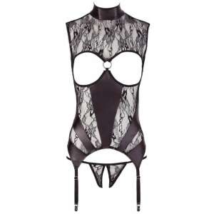 Abierta Fina fekete csipkés és bőr nyitott felső fűzővel, elülső nézet - Abierta Fina