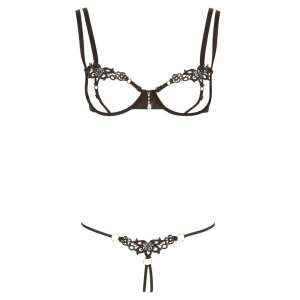 Cottelli Lingerie - Czarny haftowany biustonosz i stringi zestaw widok z przodu - Cottelli