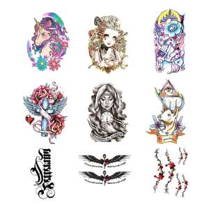 Dollcini temporary tattoo sheet with 9 different designs, including unicorn, angel, cross, deer, and more - Tattoo