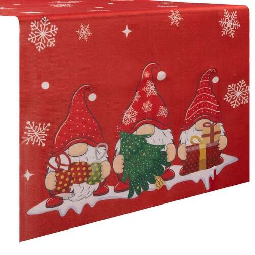 Red Christmas table runner with gnomes and snowflakes, 220x40cm, Ruhhy 22483