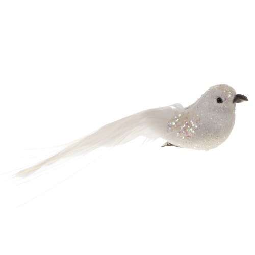White glitter bird with feather tail Christmas tree decoration, 2 pack, Ruhhy