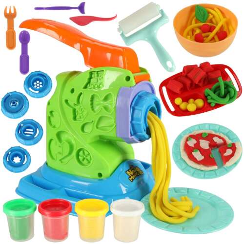 Play-Doh pasta maker set with accessories, includes 4 colors of play-doh, pasta maker, molds, plates, and more