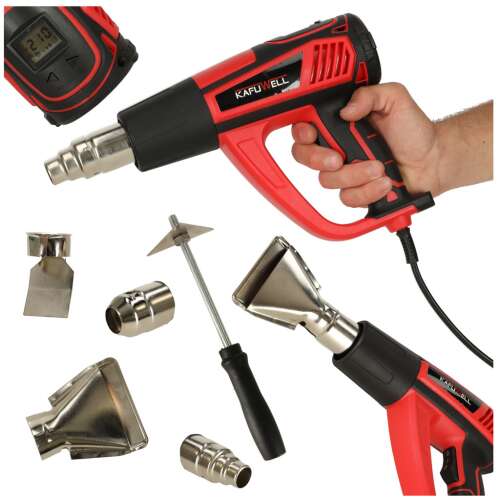 Kafuwell 1850W heat gun with 4 interchangeable nozzles, digital display, and scraper tool