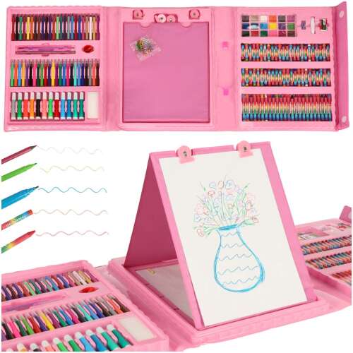 Pink art set with easel, crayons, markers, pencils, and more
