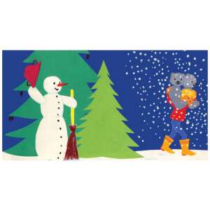 Ilustrație din diapozitivul "Télapó és ezüstmackó" de Marék Veronika, care prezintă un om de zăpadă și un copil cu doi urși de pluș - Filme diapozitive