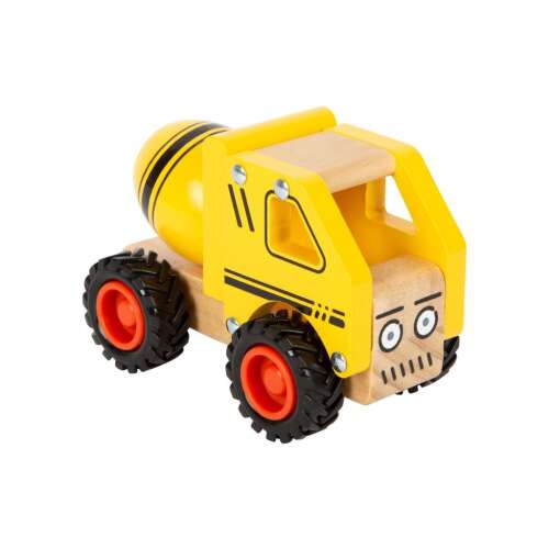 Small Foot fa játék betonkeverő teherautó, sárga fekete csíkokkal, kisgyermekeknek
