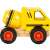 Oldalnézet a Small Foot fa játék betonkeverő teherautóról, sárga fekete csíkokkal, kisgyermekeknek