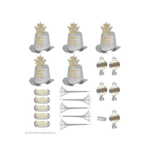 Ezüst Szilveszteri party szett 10 fő részére, tartalmaz kalapot, koronát, trombitát, szalagot és sípot