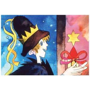 Ilustracja do diafilmu Betlehejmscy Mędrcy, jeden z trzech królów z koroną i prezentem - Film slajdowy