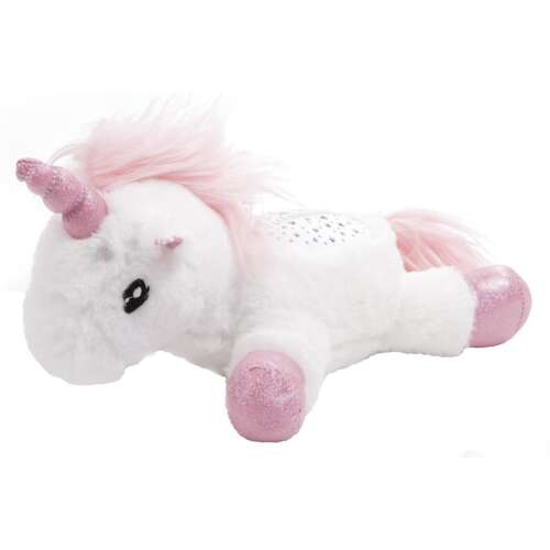 Lampă de noapte din pluș unicorn alb cu coamă roz și sclipici, redă muzică și proiectează stele