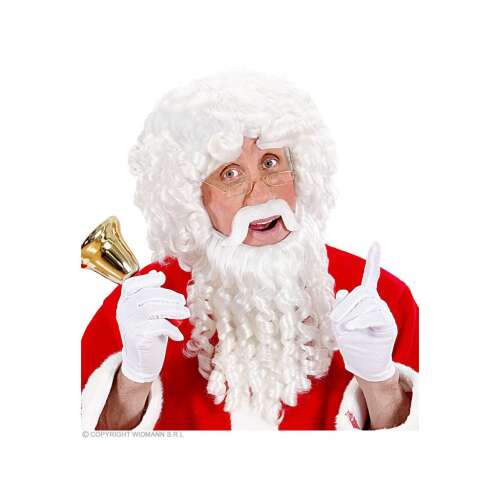 Mikulás paróka és szakáll szett, fehér göndör paróka, hosszú fehér szakáll, fehér szemöldök, öntapadós, felnőtt méret, jelmez kiegészítő, karácsonyi bulikhoz, cosplayhez, színházi előadásokhoz