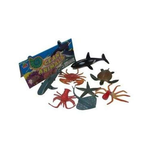 Set of 8 plastic ocean animals, including a shark, crab, turtle, starfish, octopus, and more. Perfect for imaginative play and learning about sea creatures.