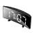 Black digital alarm clock with mirror, thermometer, and snooze function, showing time and date, curved design