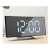 Black digital alarm clock with mirror display, showing time and temperature, with stand
