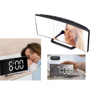 Digital alarm clock with mirror, thermometer, and snooze function, showing time and temperature, with usage examples - Verk Group