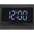 Black digital alarm clock with white LED display showing 12:00, curved design