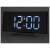 Black digital alarm clock with mirror display, showing time and temperature, with stand