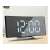 Black digital alarm clock with mirror display, showing time and temperature, with stand