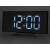 Black digital alarm clock with mirror display, showing time and temperature, with stand