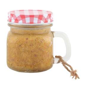 Mogyoróvaj madáreleség üveg bögrében piros kockás tetővel - Madáreleség