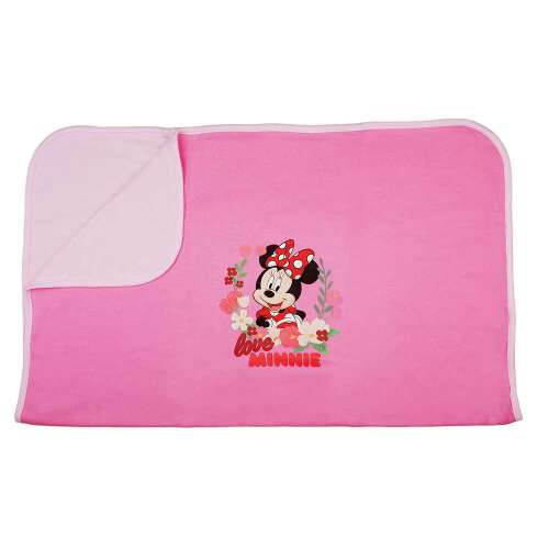 Minnie egér babatakaró, rózsaszín fehér szegéllyel, virágmintával és a "love Minnie" felirattal