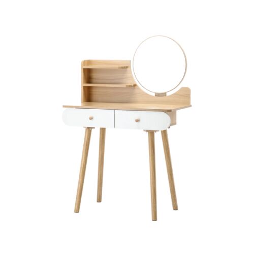 Modern oak and white vanity table with mirror and storage shelves